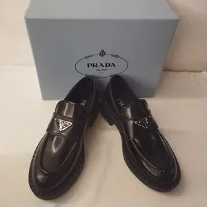 Prada Women's Dark Brown Leather Loafers with Logo Accent